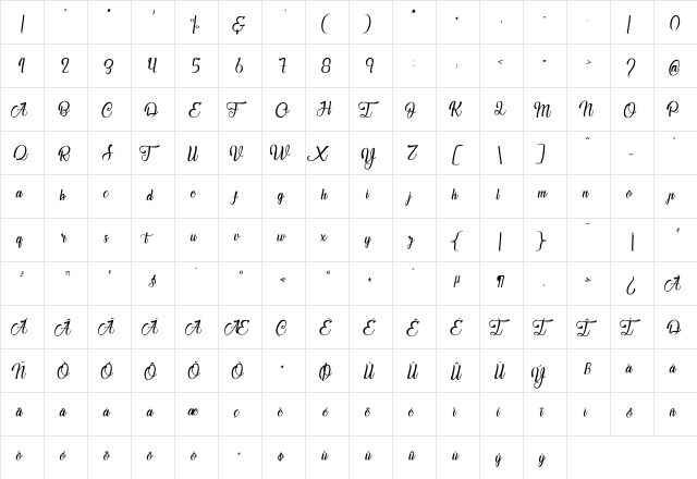 Jardin des Bermudes Regular  glyph index