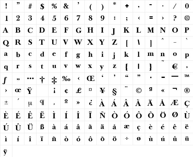 Oldbaskerville-Bold Regular  glyph index