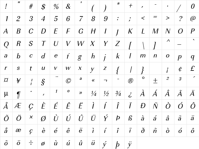 URWImperialTNar Oblique  glyph index