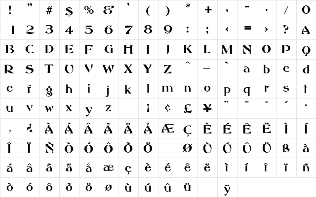 AbottOldStyle Regular  glyph index