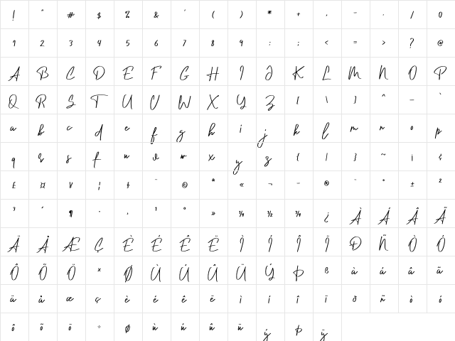 Curly Millie Regular  glyph index