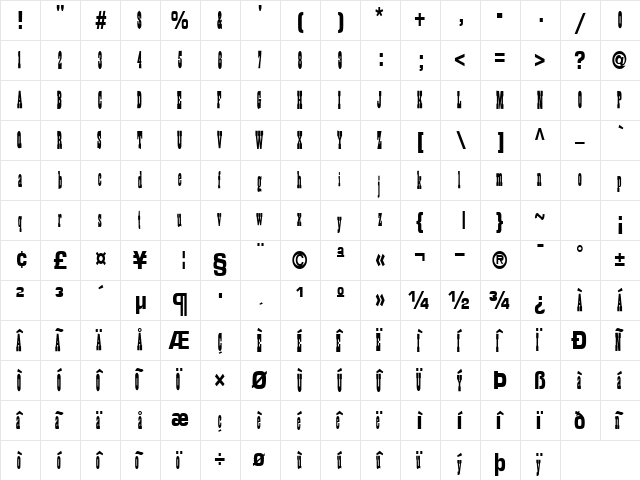BillyTheKid65 Regular  glyph index
