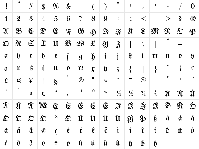 Walbaum-Fraktur UNZ1 Regular  glyph index