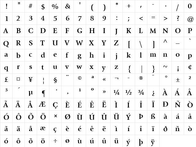 Giovanni LT Book Bold  glyph index