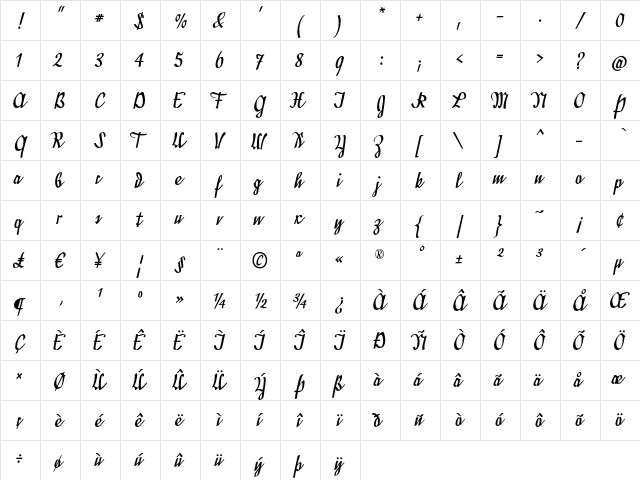 Divina Regular  glyph index