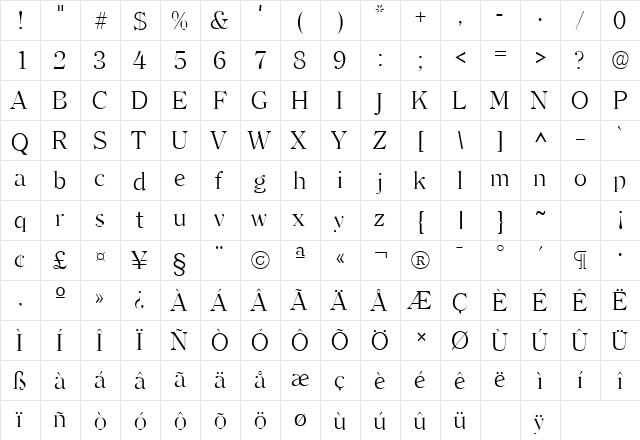 Clarity Serif Light SF Regular  glyph index