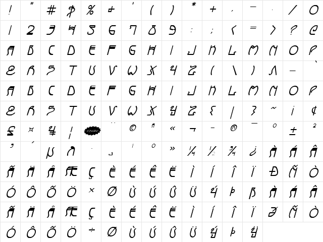 Coyote Deco Bold Italic Bold Italic  glyph index