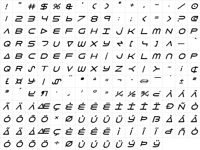 8th Element Bold Italic Bold Italic  glyph index