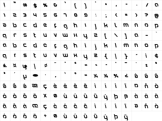 Youngerblood Bold Leftalic Bold Italic  glyph index