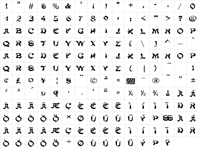 ChowMeinWide Regular  glyph index