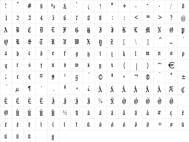 EngravedCondensed Normal  glyph index