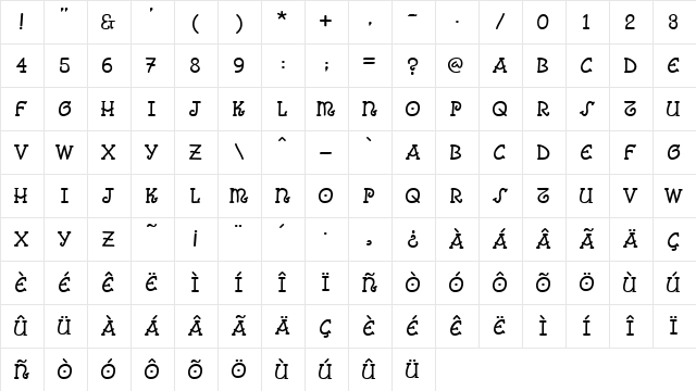 Comic Arousa Comic Arousa  glyph index