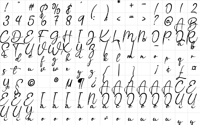 Romantic Hanimun Regular  glyph index