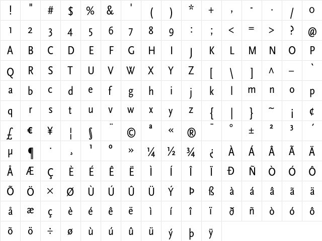 ScalaSans Cond Regular  glyph index