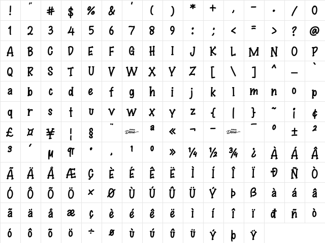 Sweet Childish Demo Regular  glyph index