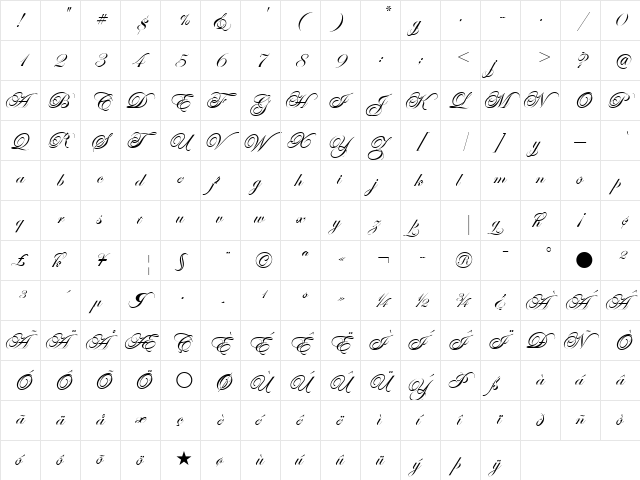 Edwardian Script ITC Regular  glyph index
