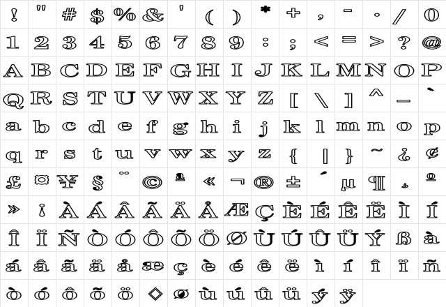 Century Schoolbook HE Bold Bold  glyph index
