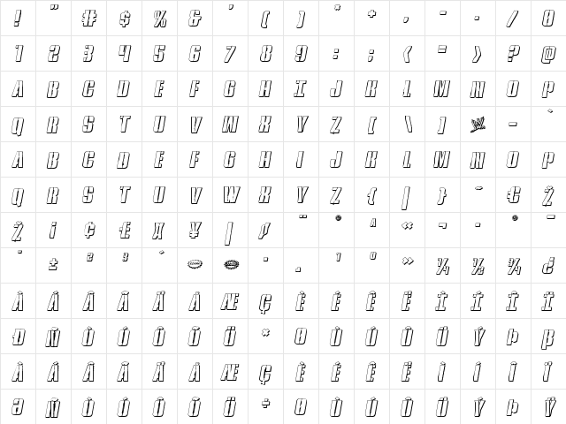 Rumble Tumble 3D Italic Italic  glyph index