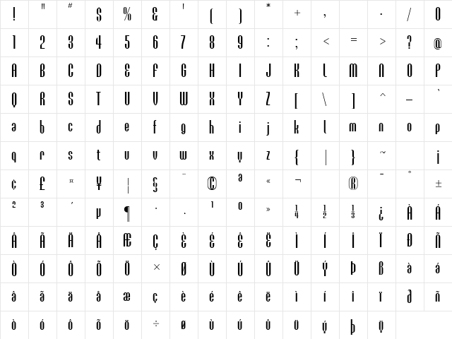 EunoiaCondensedRound Regular  glyph index