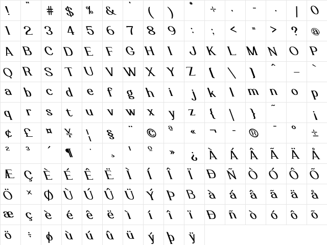 Luimp Bold Oblique Bold  glyph index