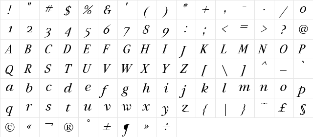 Artemius SN Italic  glyph index
