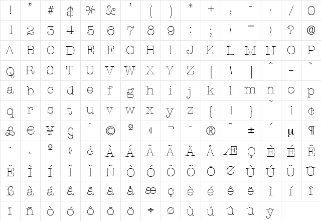 ThorBecker-ExtraLight Regular  glyph index