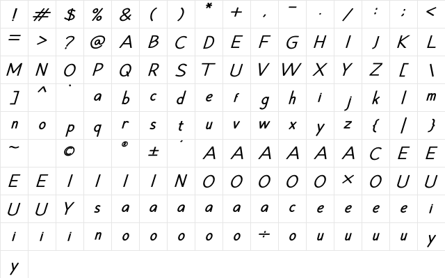 Hansville Bold Italic  glyph index