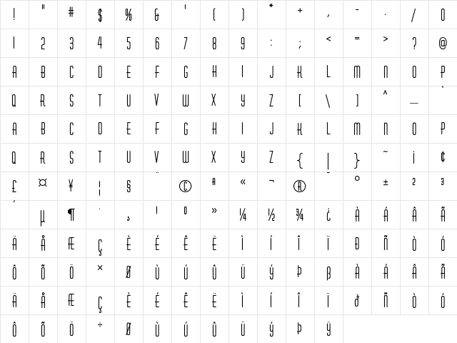 HuxleyVertICG Bold  glyph index