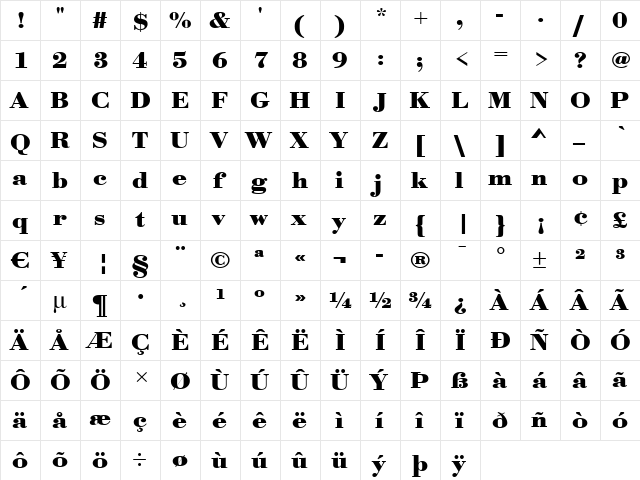 OlgaBeckerExtended Bold  glyph index