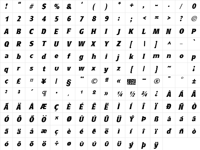 RyndersHeavy Italic  glyph index