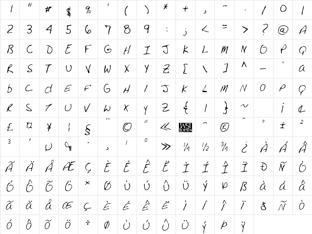 HigginsHand Regular  glyph index