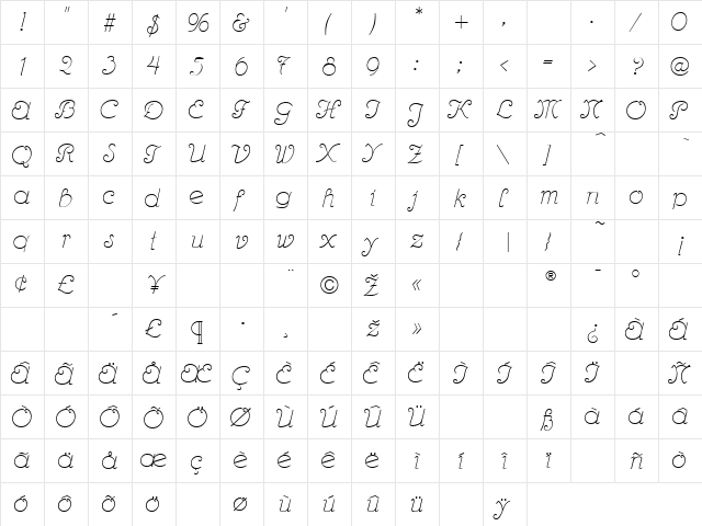 Hanover Regular  glyph index