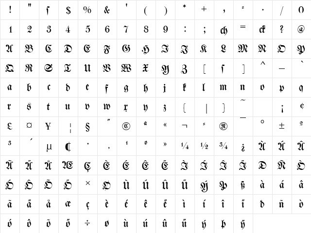 DS Walbaumfraktur Regular  glyph index
