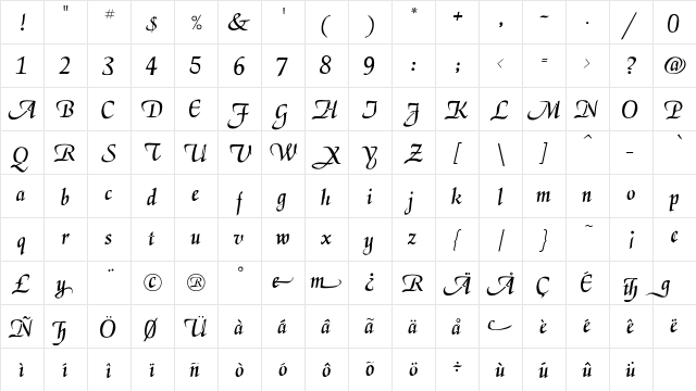 PCLegarnder Regular  glyph index