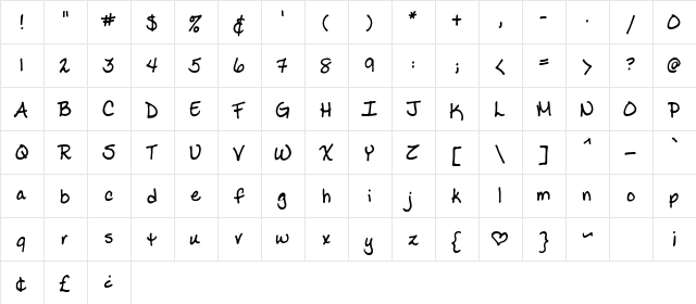 Ladylike BB Regular  glyph index
