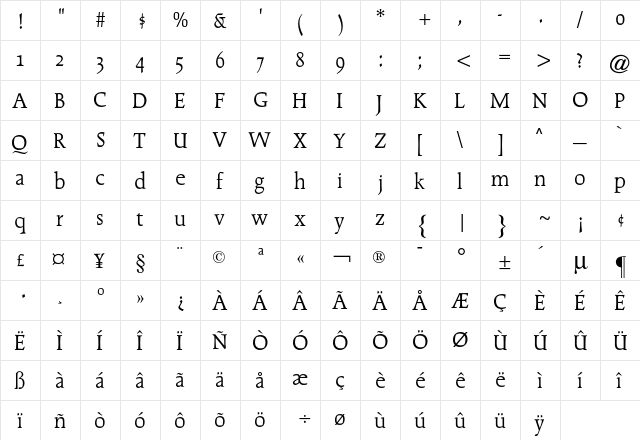 Cartier CG Regular  glyph index