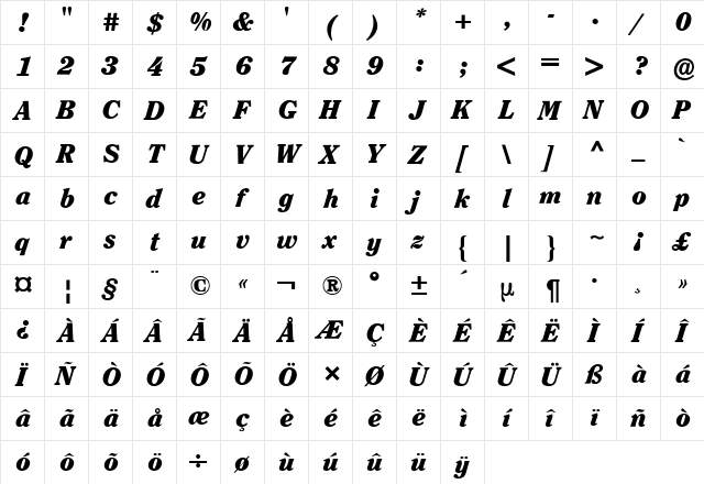 Clearface ITC BQ Italic  glyph index