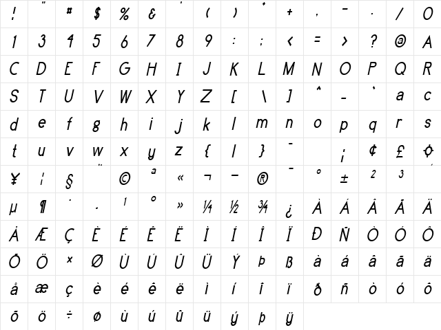 Highball-Condensed Italic  glyph index