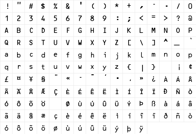 OcrB Regular  glyph index