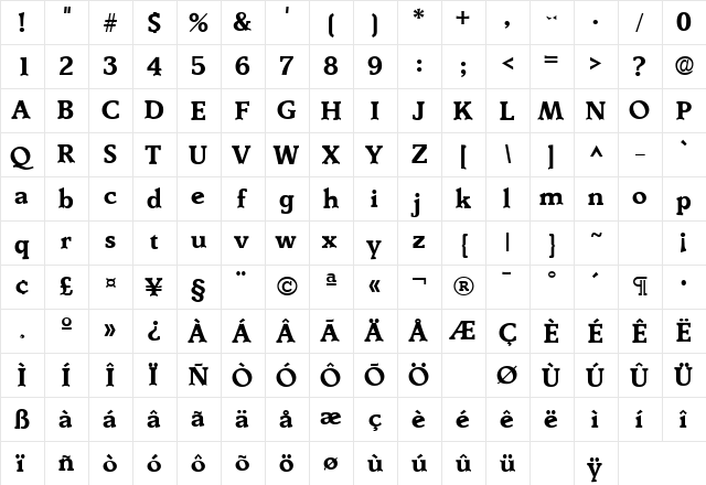 Derringer DB Bold  glyph index