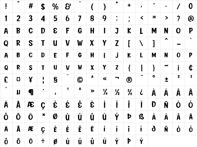 Down Hill Regular  glyph index