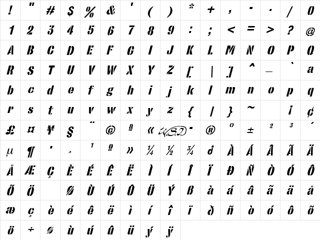 StencilSans Bold Italic  glyph index