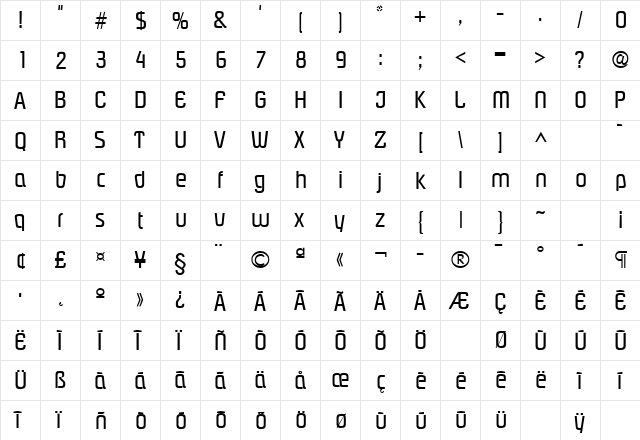 Pasadena Regular  glyph index