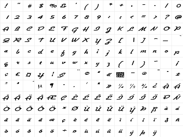 GallanteWide Regular  glyph index