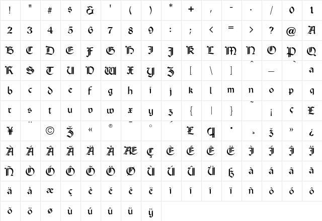 CourtHand Regular  glyph index
