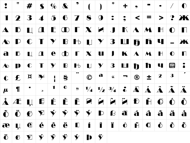 BroadwayCirilica Roman  glyph index