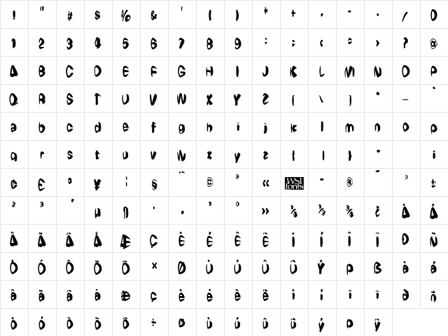 WeirdoCrunched Regular  glyph index