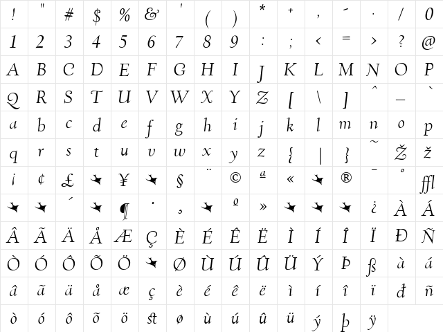 Village Regular  glyph index