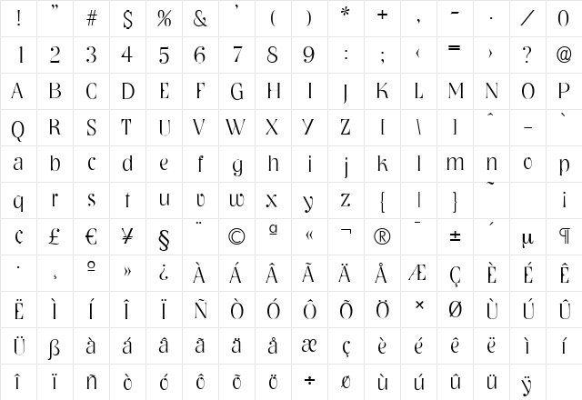 NashvilleSerial-Xlight Regular  glyph index