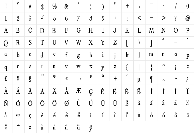 Albatross-Bold Regular  glyph index